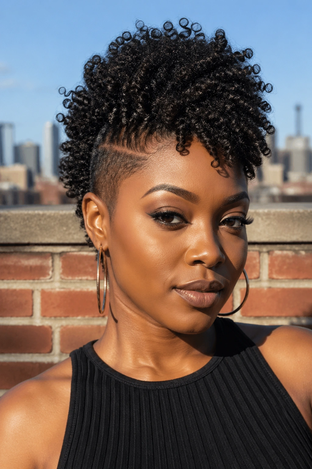 Real woman wearing The Short Curly Mohawk-Style wig against an urban backdrop