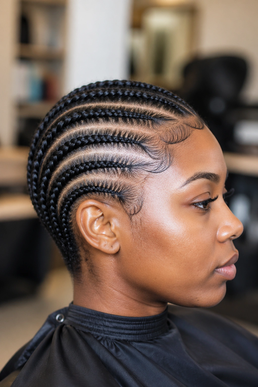 Close-up of real person with short cornrows showing anchoring on scalp