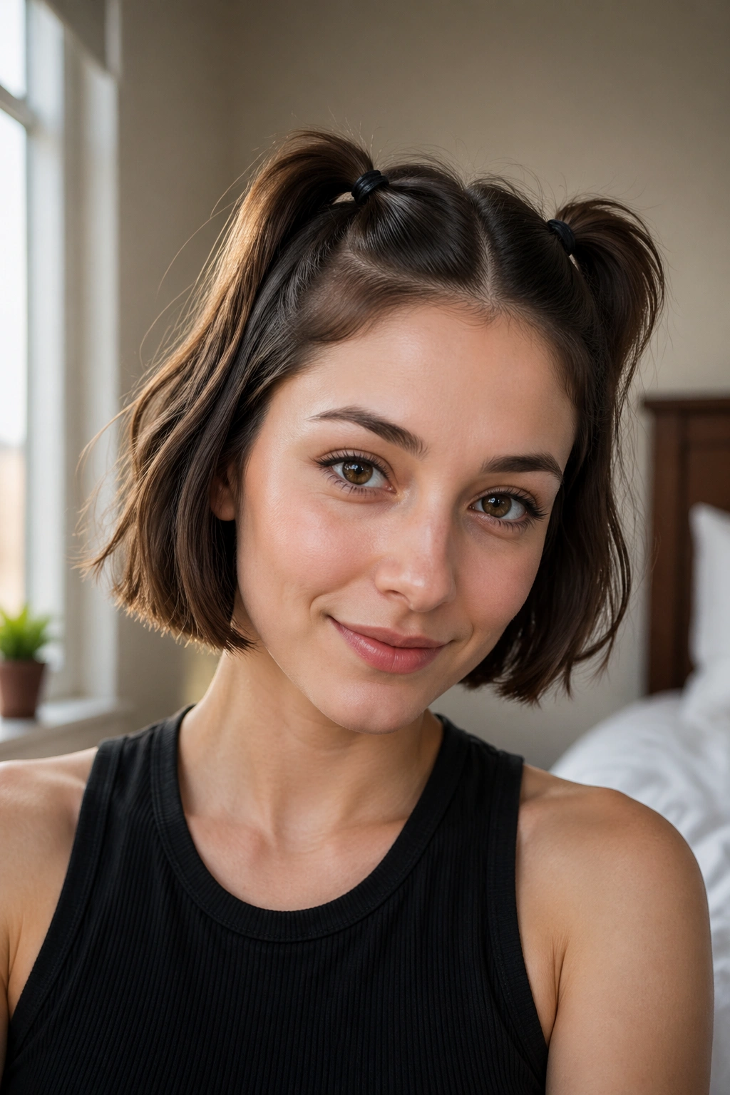 Close-up of a real woman with a chin-length bob and two tiny double ponytails, lit by soft window light