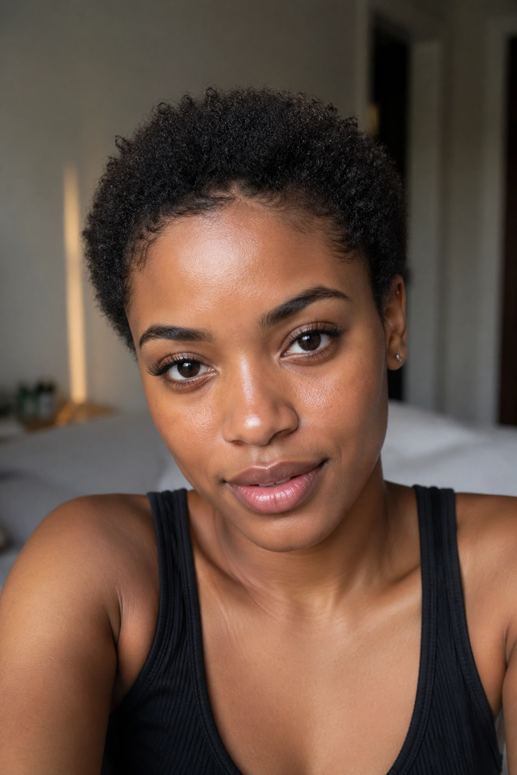 Close-up portrait of a real person with 2-6 inch short hair to illustrate what counts as short