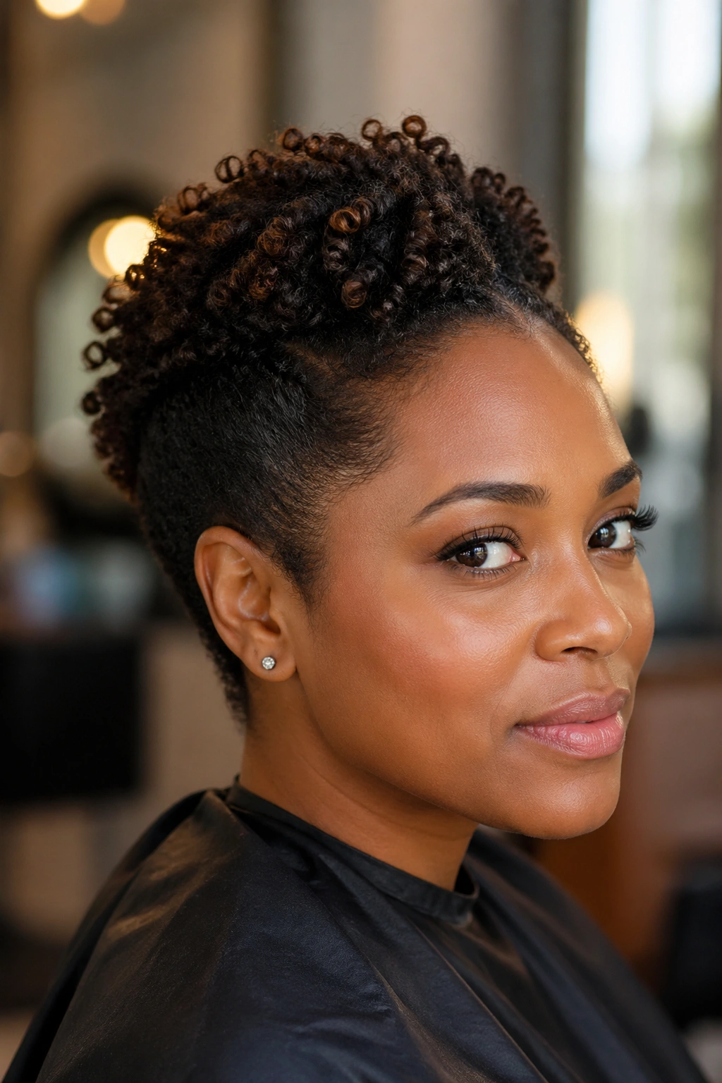 Portrait of a real woman with 3-4 inch short natural hair showing shrinkage