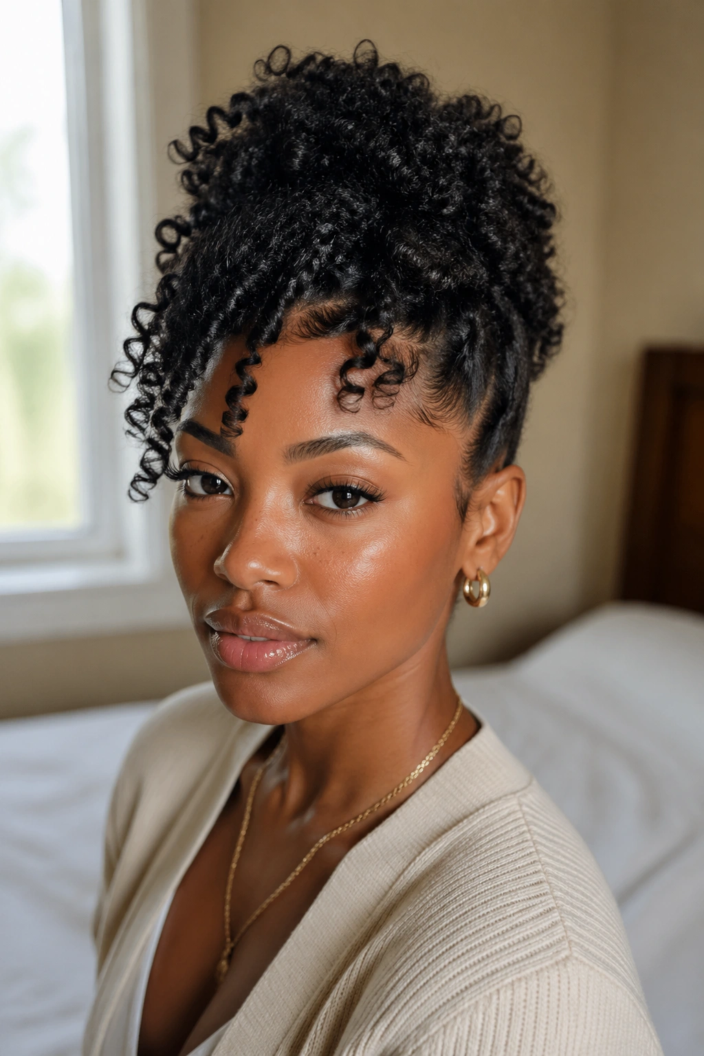 Close-up of a real woman with short natural curls in an updo highlighting sculpted texture