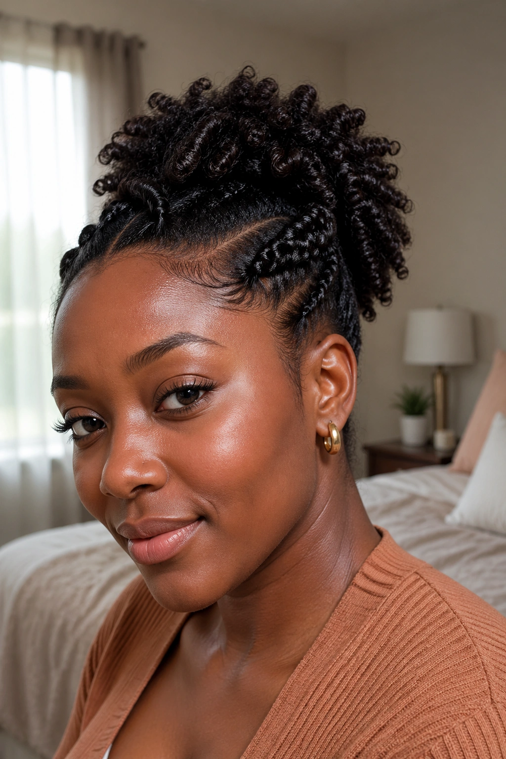 Close-up of a real woman with a short twist puff ponytail and defined natural coils