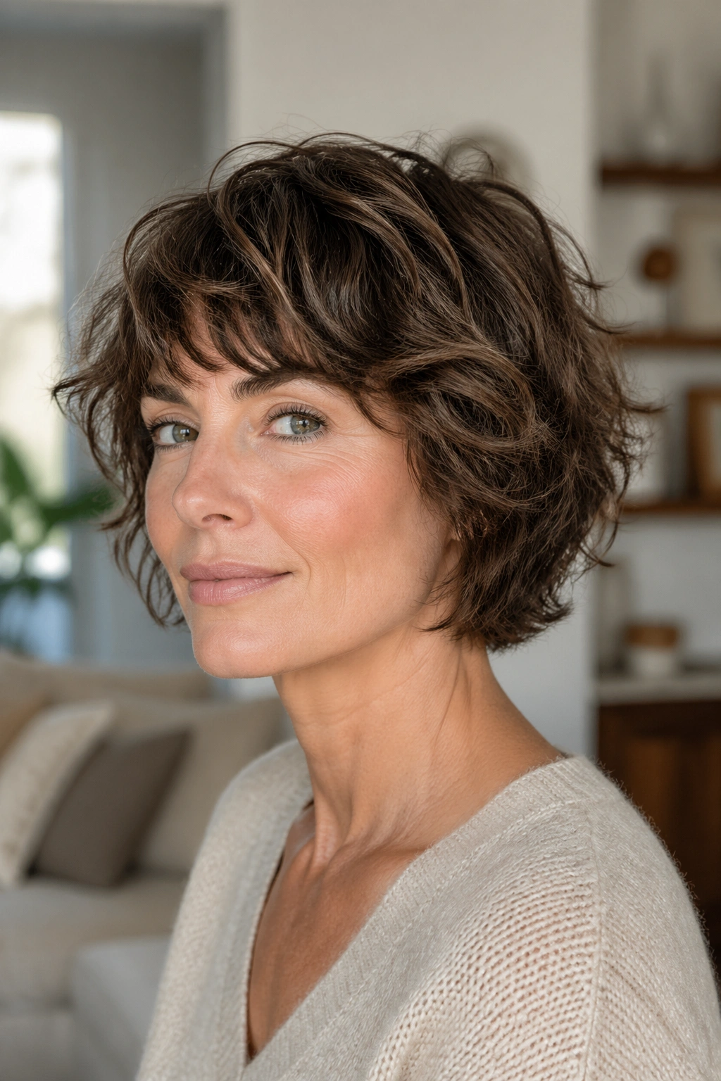Close-up portrait of a real woman with fine wavy hair styled in a short shag