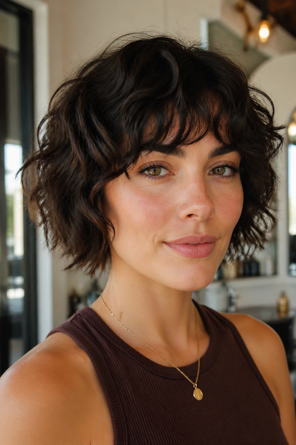 Close-up portrait of a real woman with thick wavy hair in a chin-length short shag, salon lighting