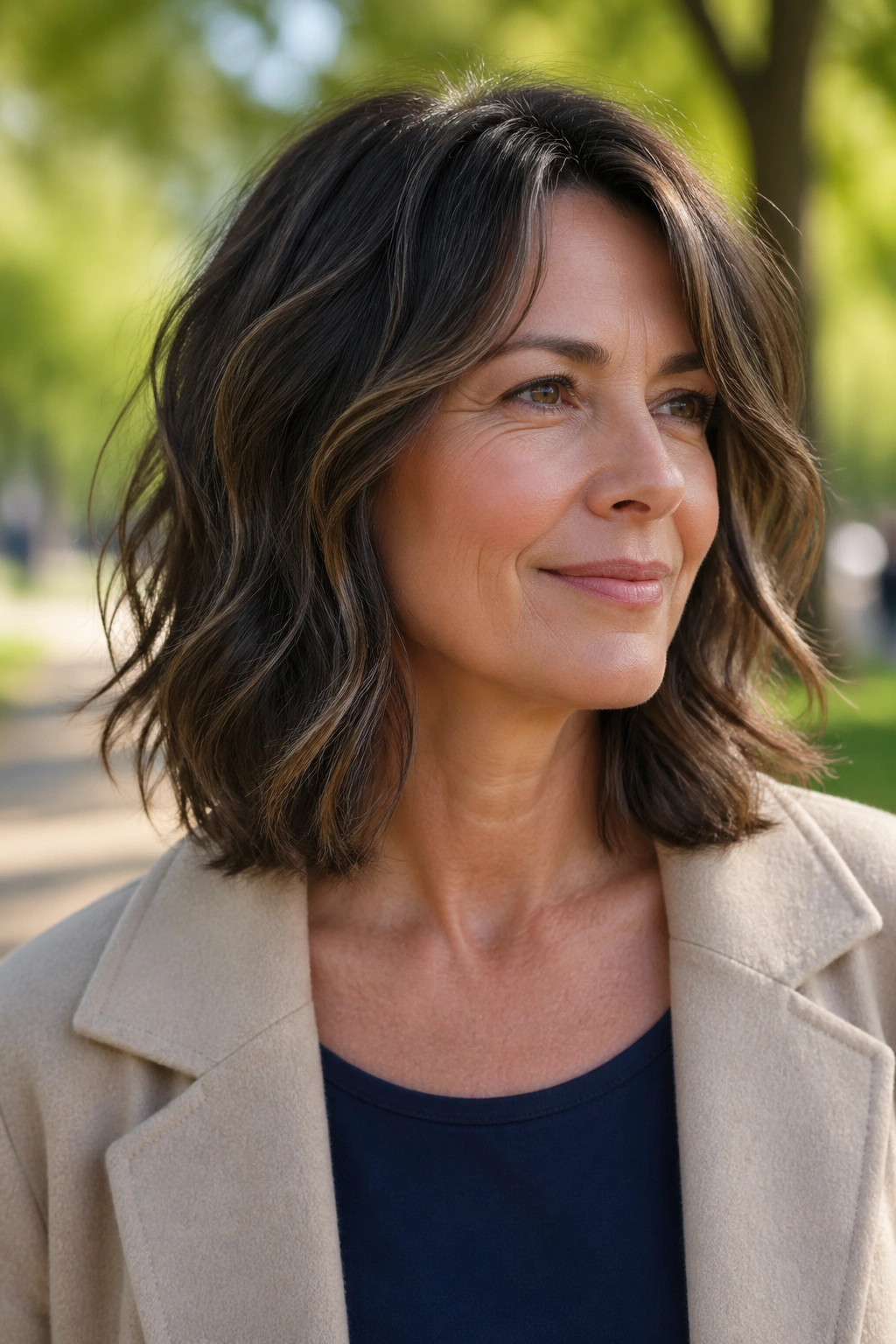 Close-up of a real woman with shoulder-grazing haircut and soft wave movement.