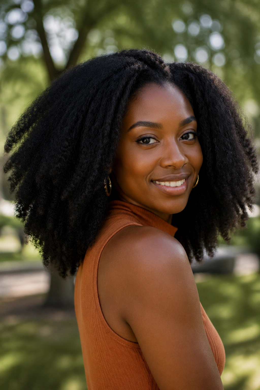 Portrait of a person with shoulder-length stretched Afro hair in natural daylight