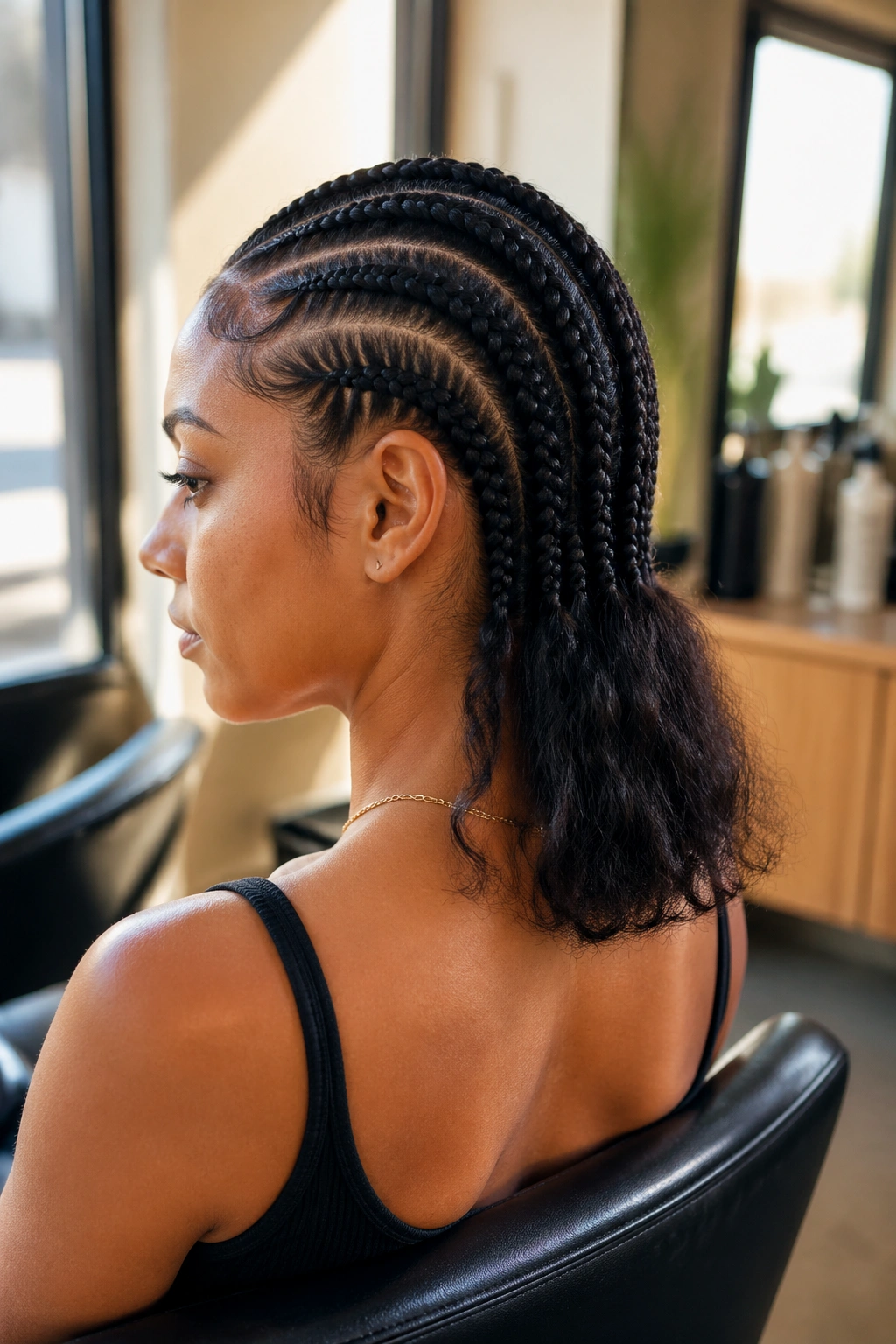 Close-up of a real woman with shoulder-length cornrows, highlighting braid-to-loose-hair transition at the nape.