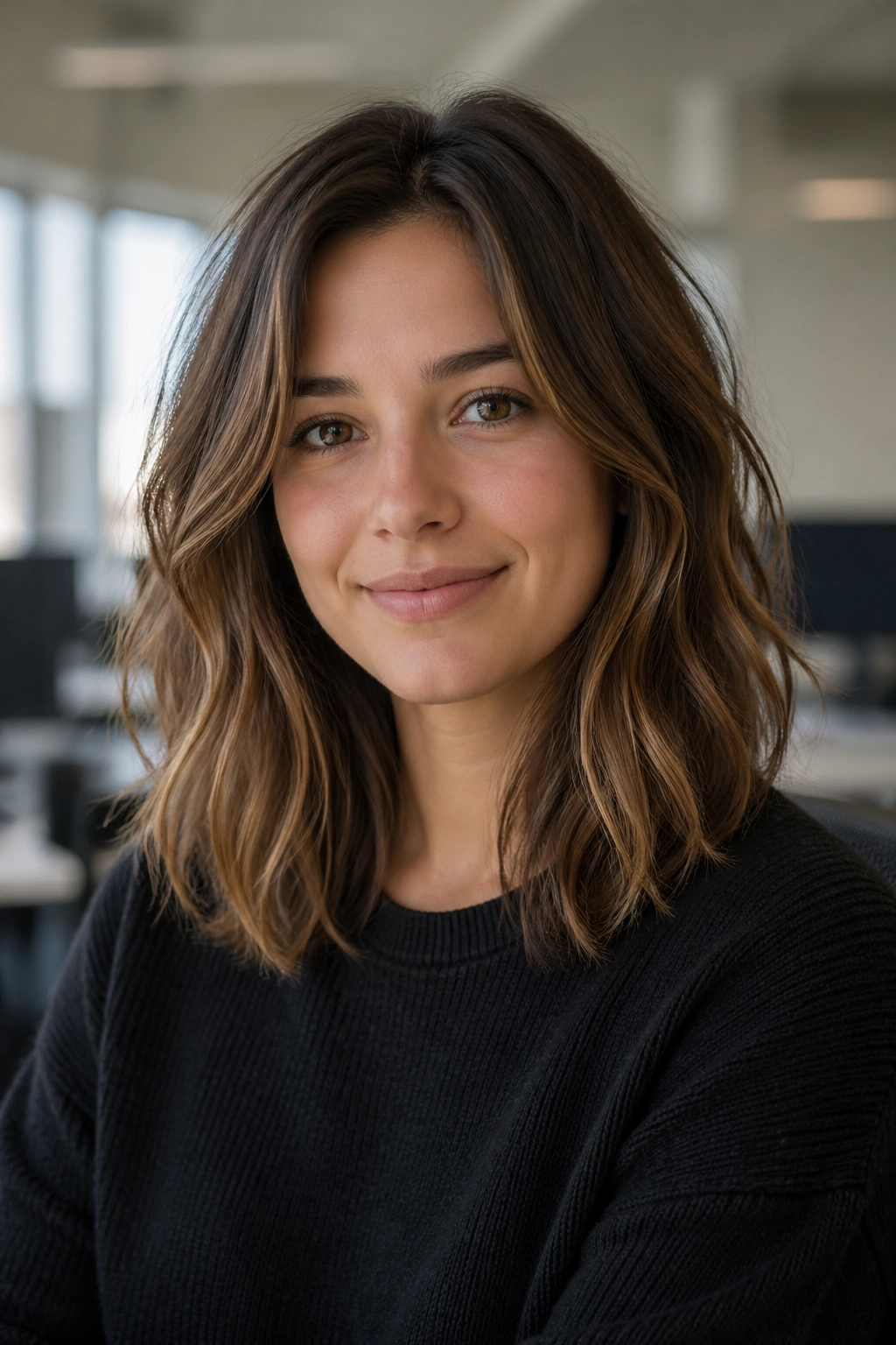 Portrait of a person with shoulder-length layered hair and airy ends in an office.