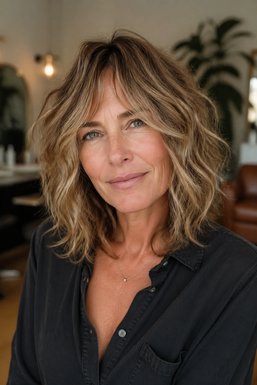 Real woman with shoulder-length shag hairstyle in a softly lit salon