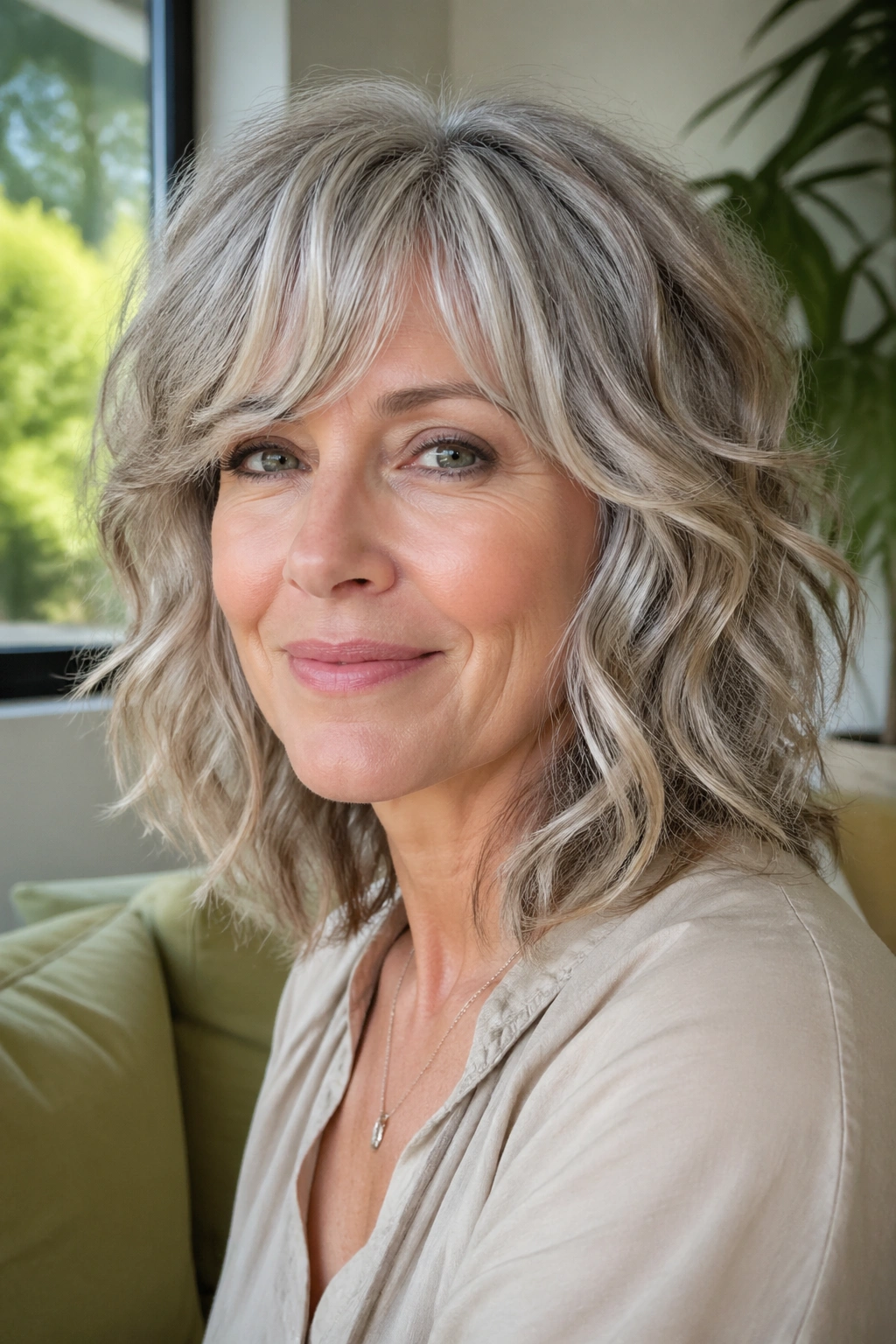 Close-up of a real woman with shoulder-length shag and choppy layers