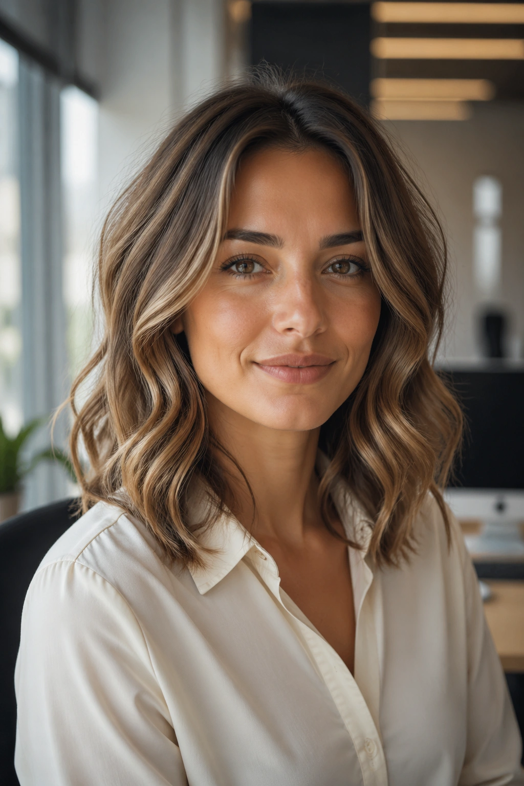 Portrait of a woman with cascading shoulder-length waves in an office setting