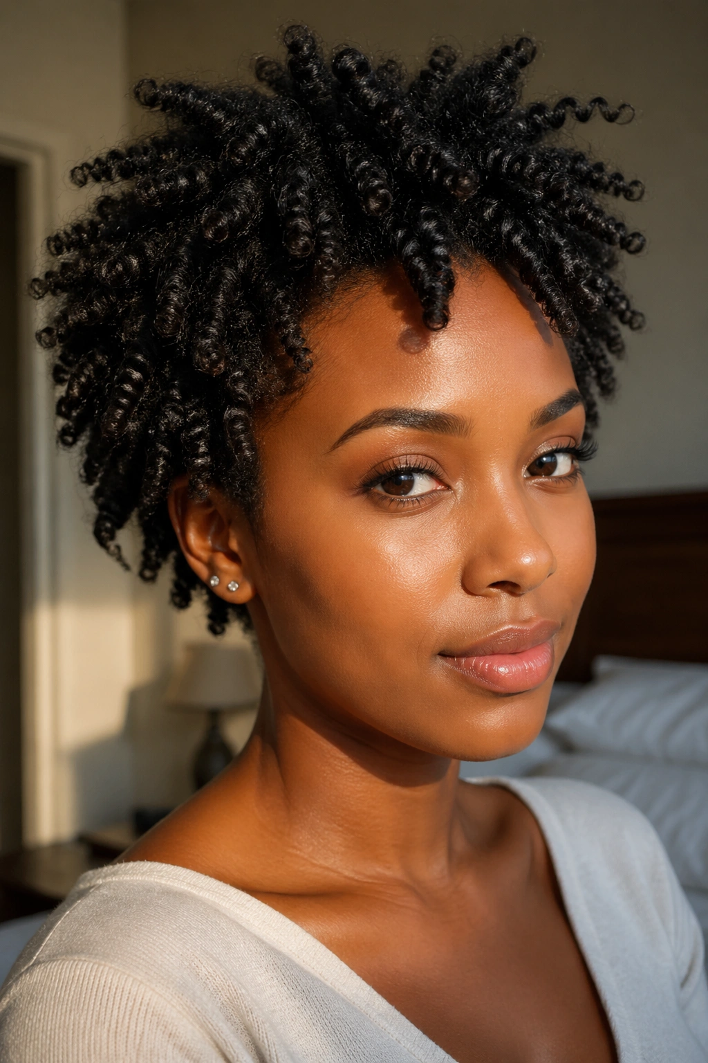 Close-up portrait showing natural hair shrinkage with tight coils around head