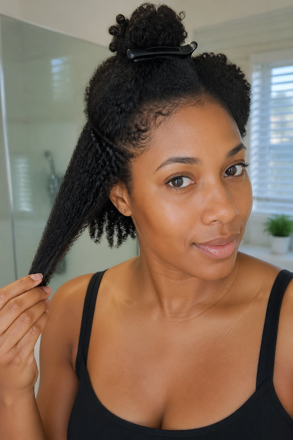 Portrait of a real woman with stretched short curls showing shrinkage length