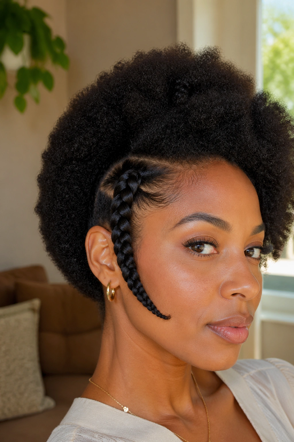 Close-up portrait of a real woman with a side braid over the ear and a full Afro top, natural lighting