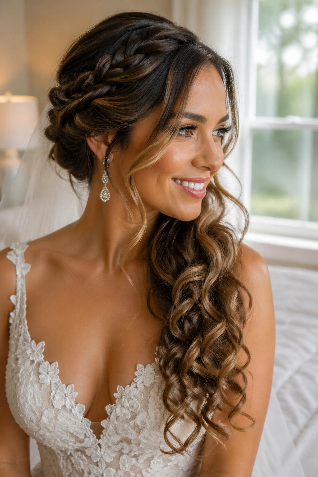 Bride with a romantic side braid cascading into curls