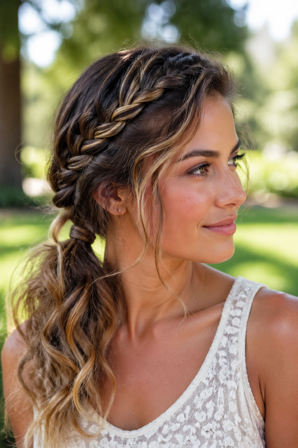 Close-up of a real woman's side braid flowing into a loose ponytail