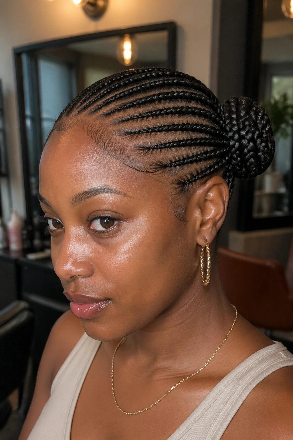 Three-quarter view of real woman with side-placed bun formed from cornrows
