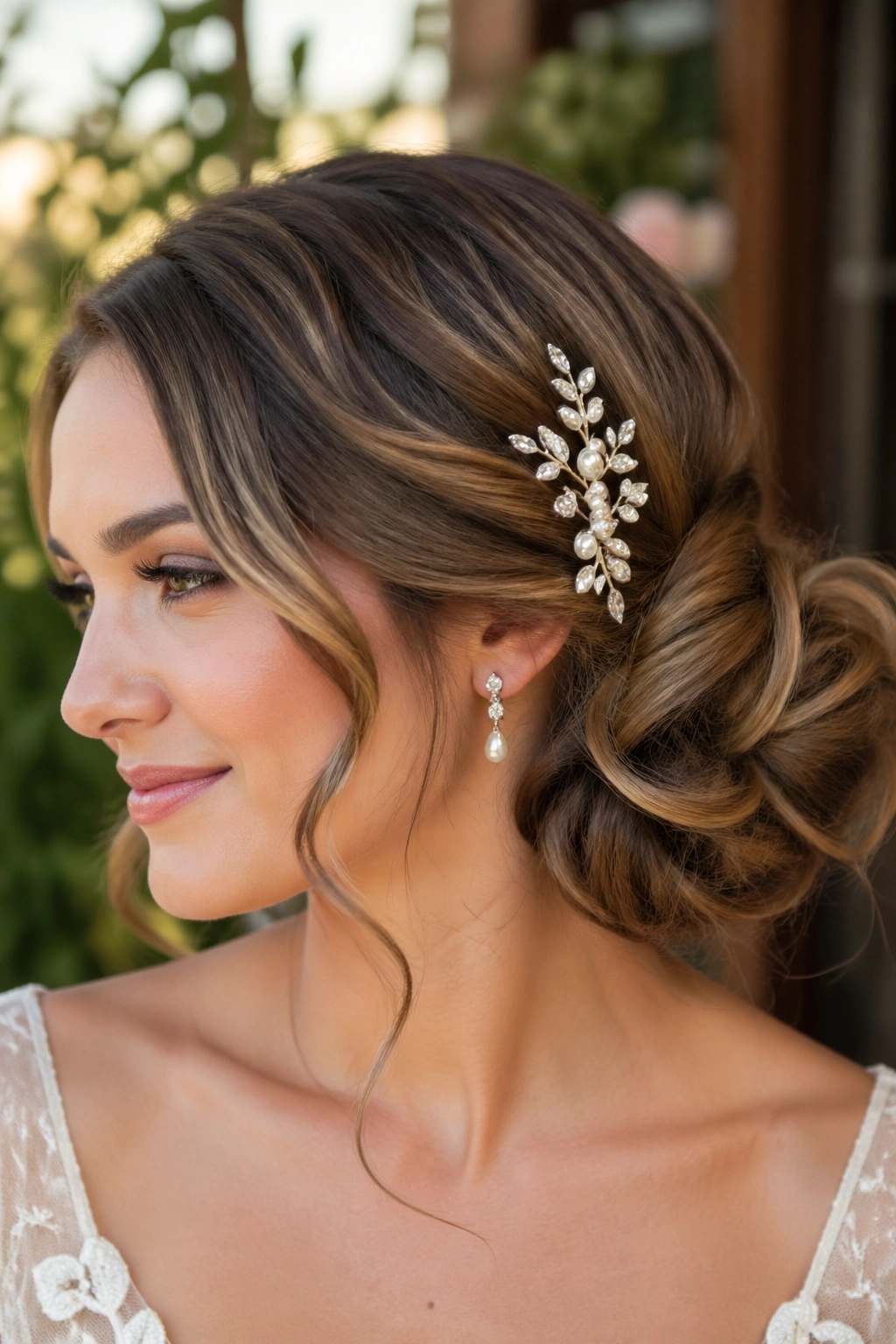 Close-up of a real woman with a side bun and decorative comb behind the ear.