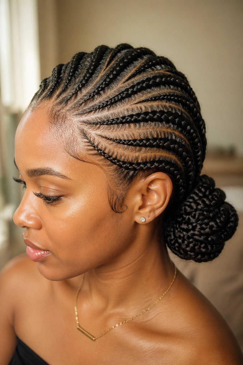 Close-up of side cornrows flowing into a braided bun on a real person