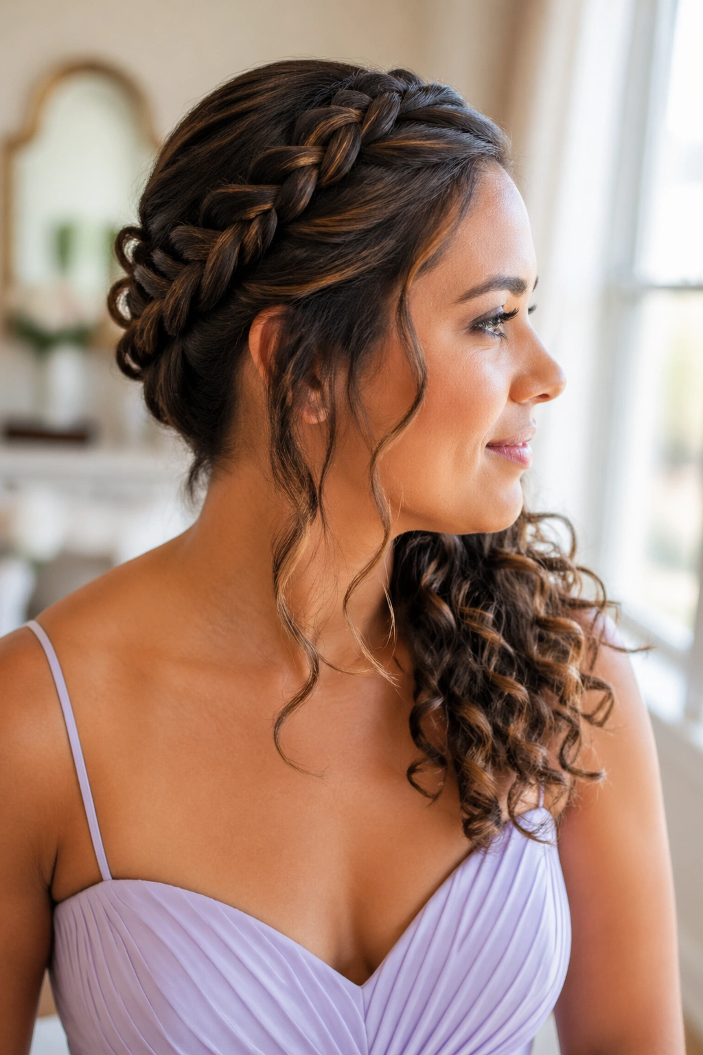 Real woman with side Dutch braid and shoulder-skimming curls in bridal lighting