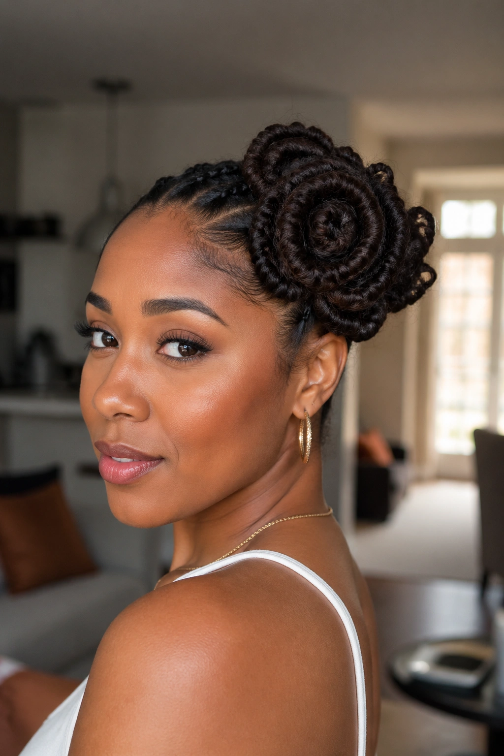 Close-up of a real woman wearing a side flower bun