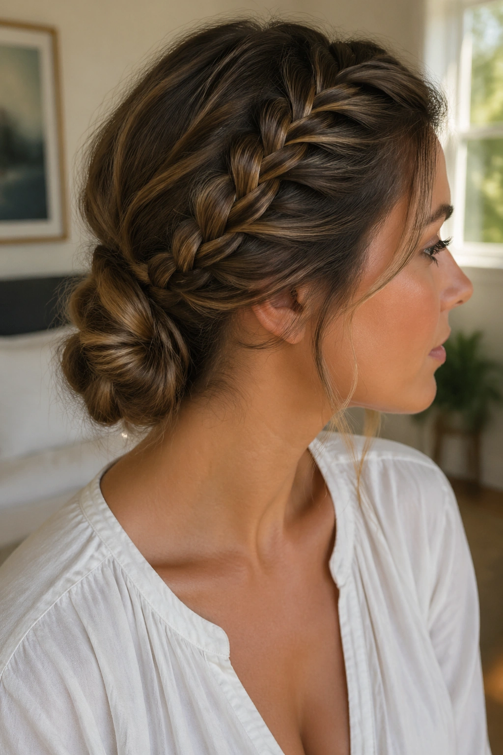 Real woman with a side French braid flowing into a low bun.