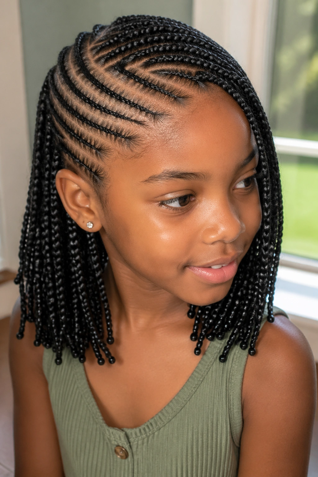 Close-up of real child with side-swept lemonade cornrows