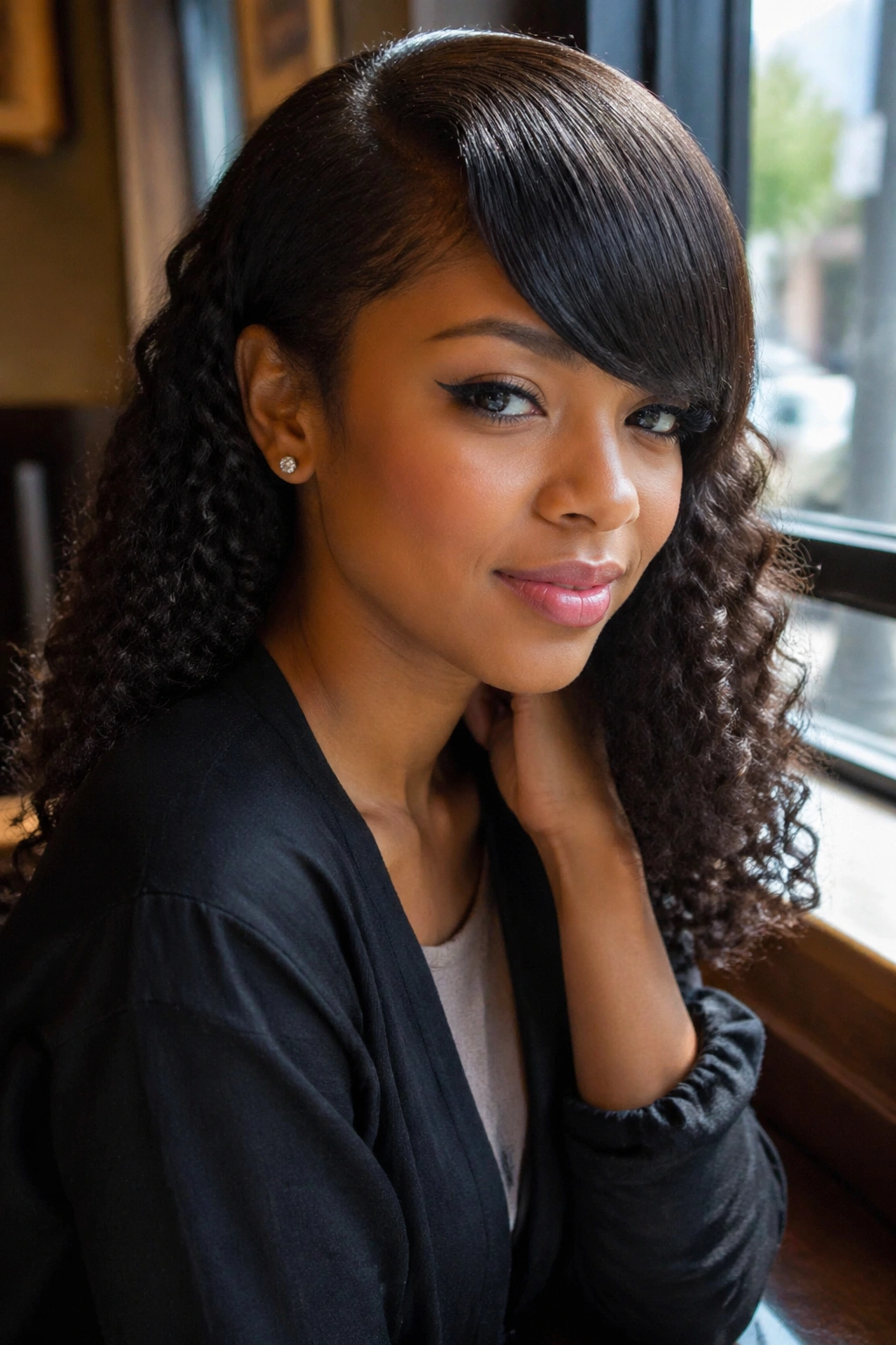 Close-up of a woman with side-part straight bang and curly side in daylight