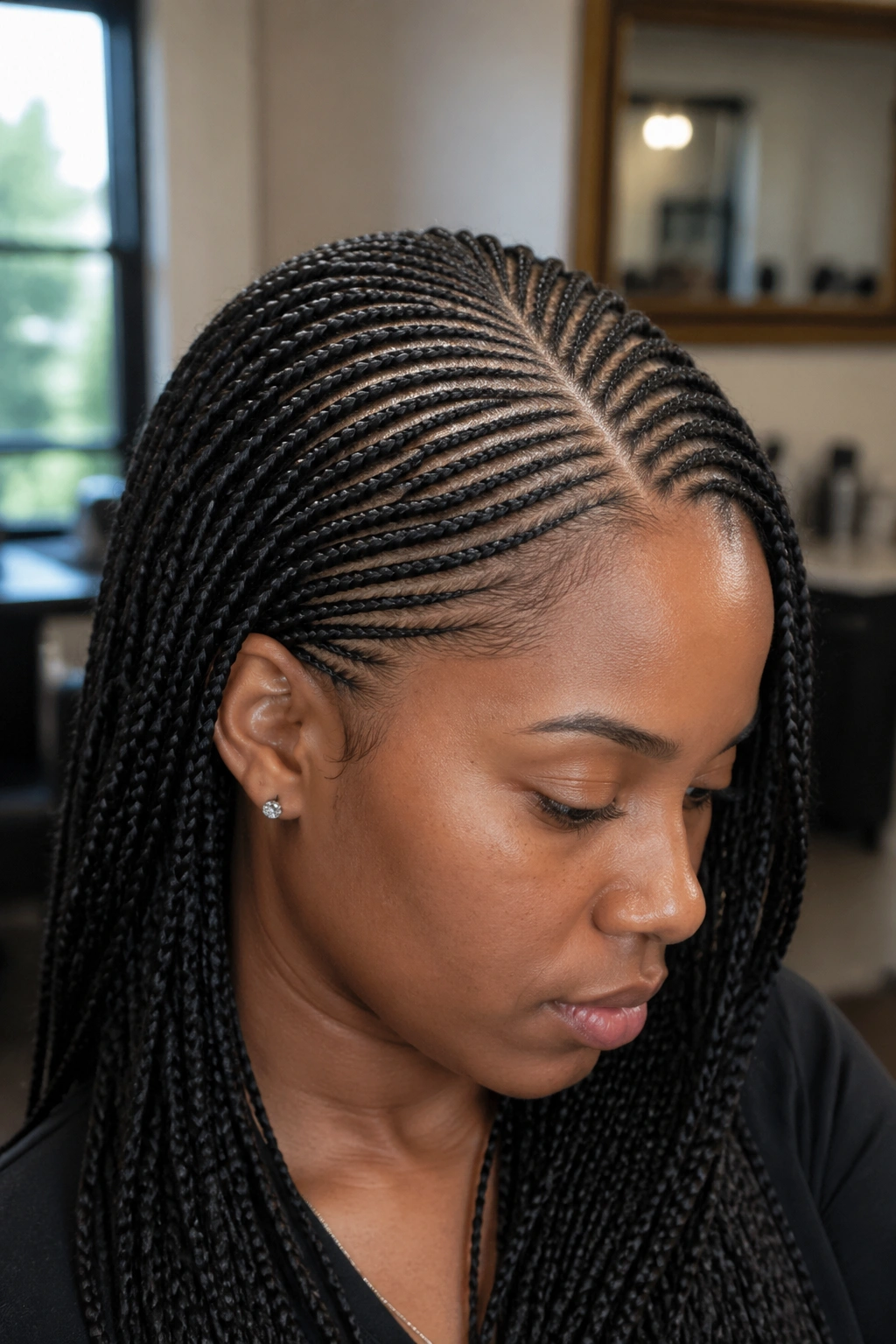 Close-up portrait showing a deep side part with many small feed-in cornrows sweeping backward on a real person.