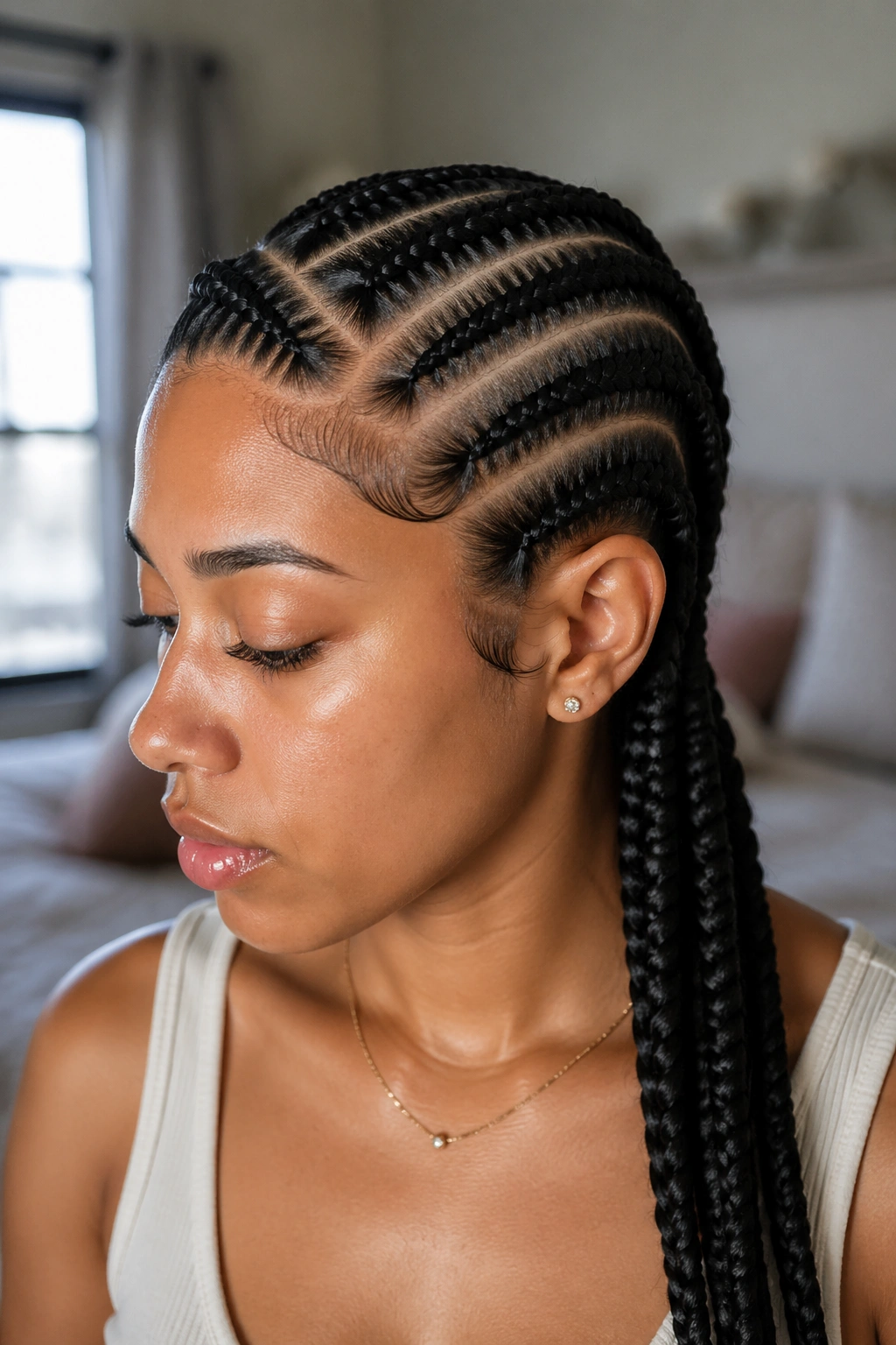 Five braids starting from a deep side part with asymmetric framing