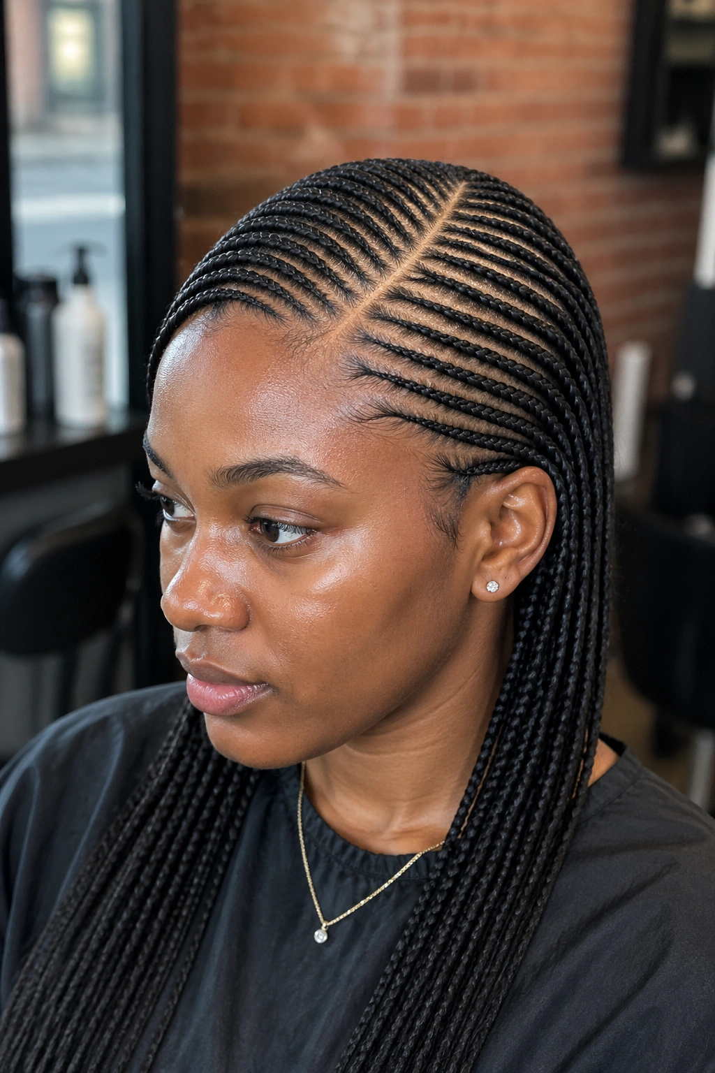 Real person with deep side part and twenty-two cornrows
