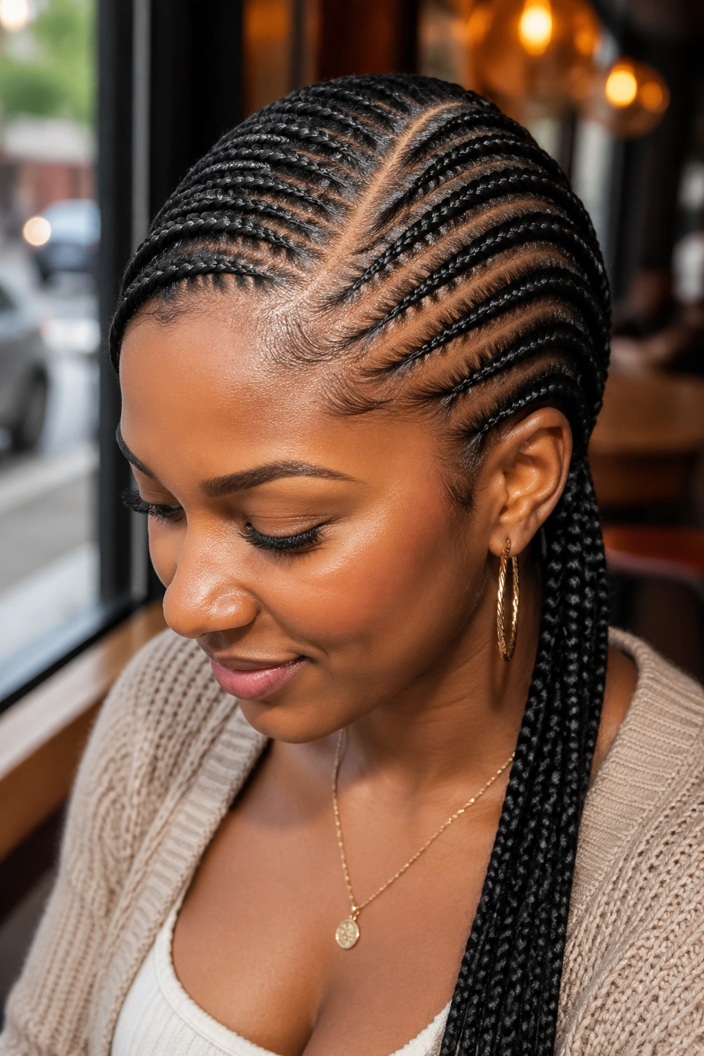 Close-up of a woman with a deep side-part feed-in cornrows
