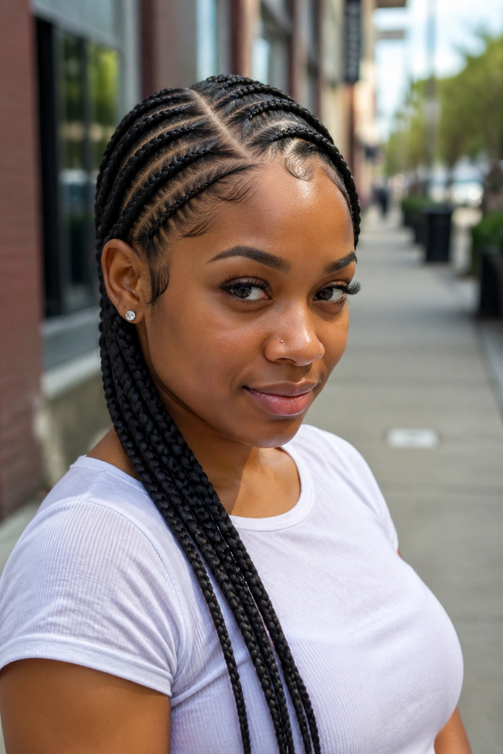 Portrait of a real woman with ten cornrows and a deep side part