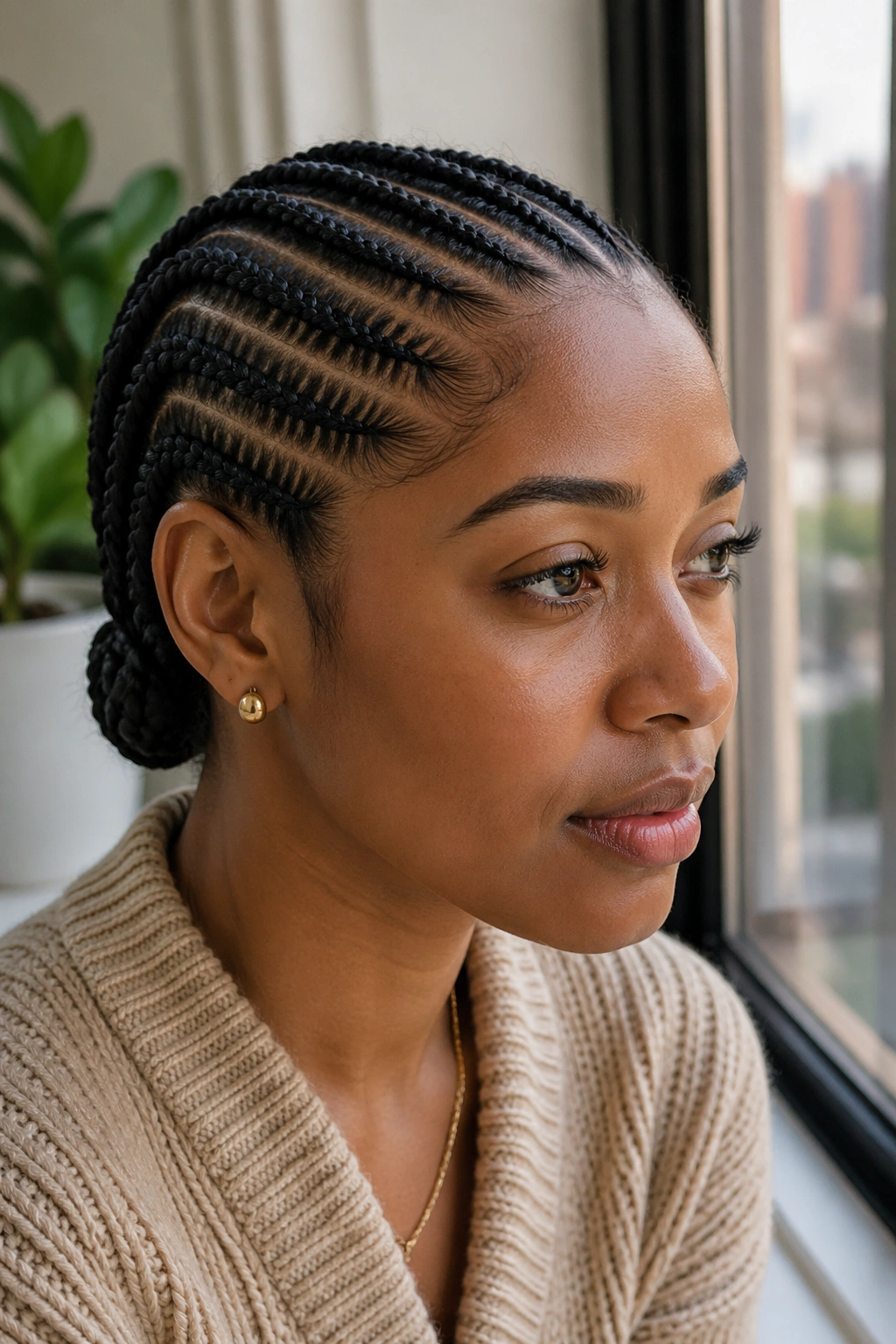 Real person with side-part cornrows and tucked ends behind the ears