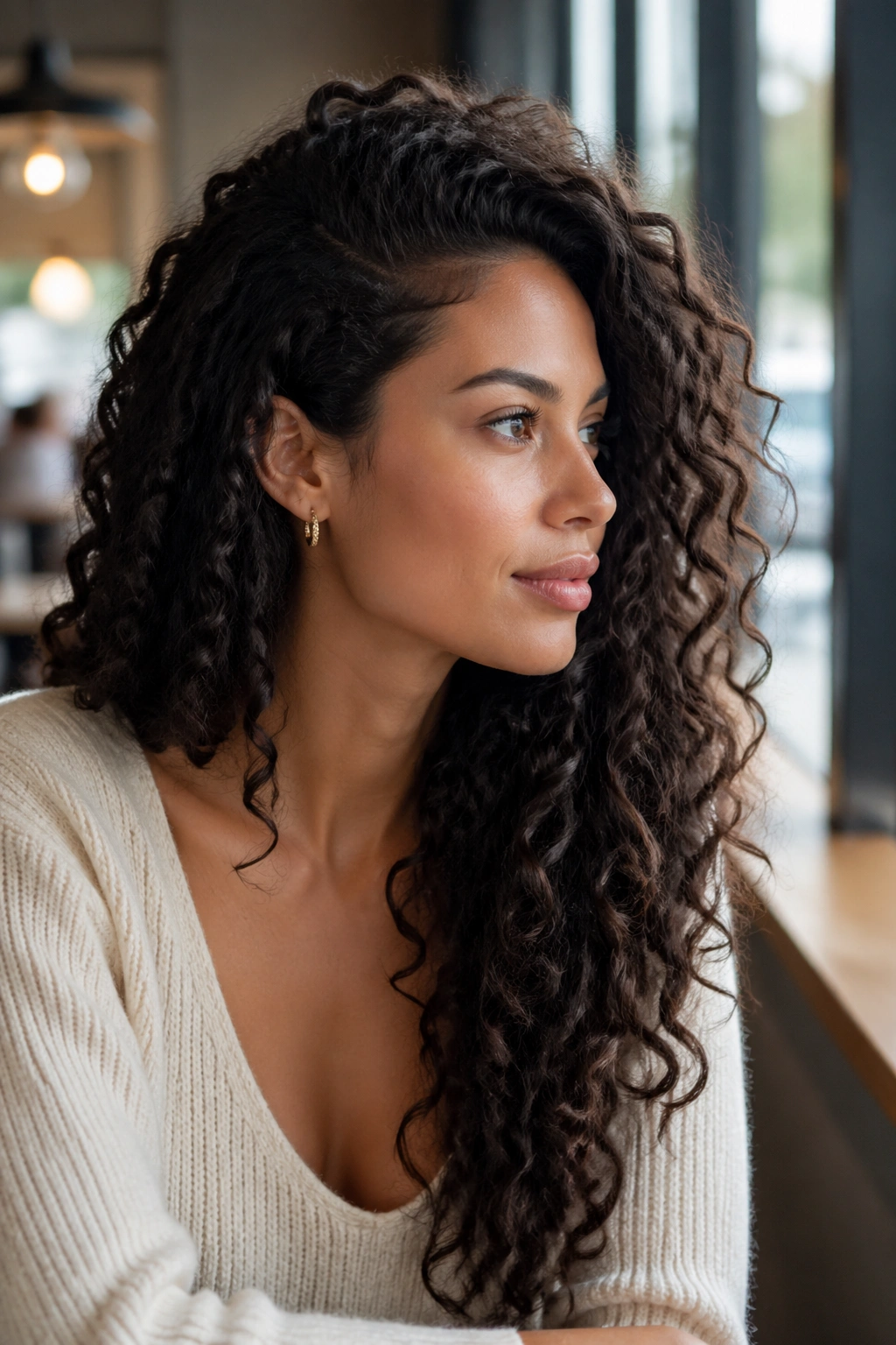 Portrait of real person with dramatic side-part and layered curls
