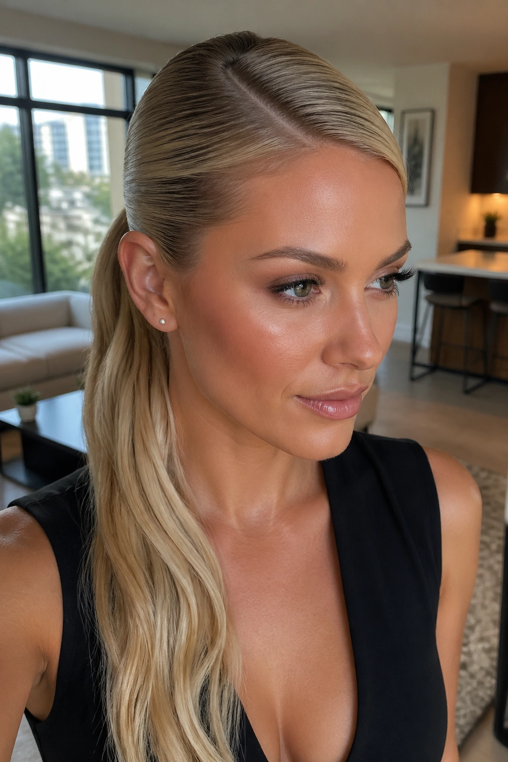 Close-up of a real woman with a deep side-part sleek blonde ponytail.