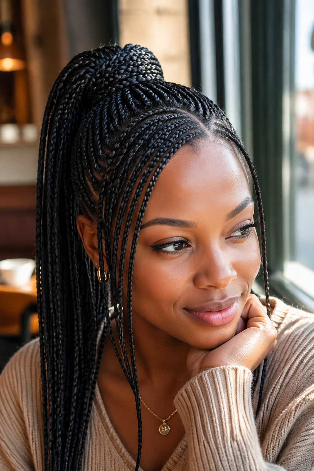 Real woman with side-part high ponytail at cafe window
