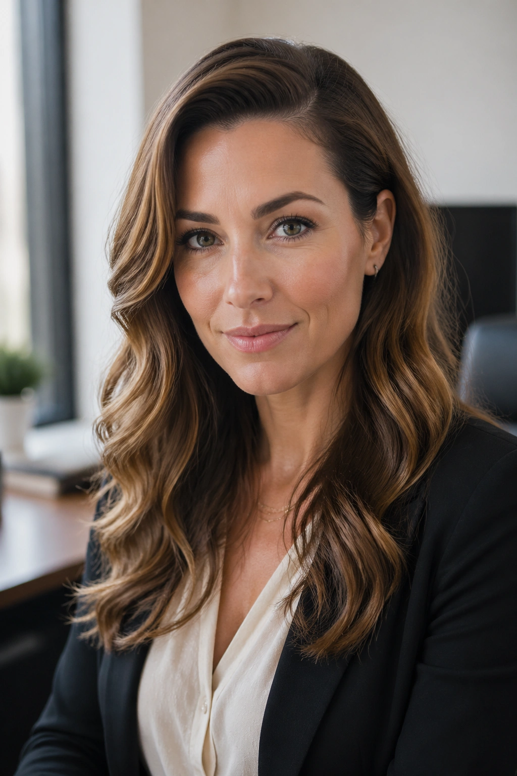 Close-up of a real woman with classic side-part waves in a work-ready look