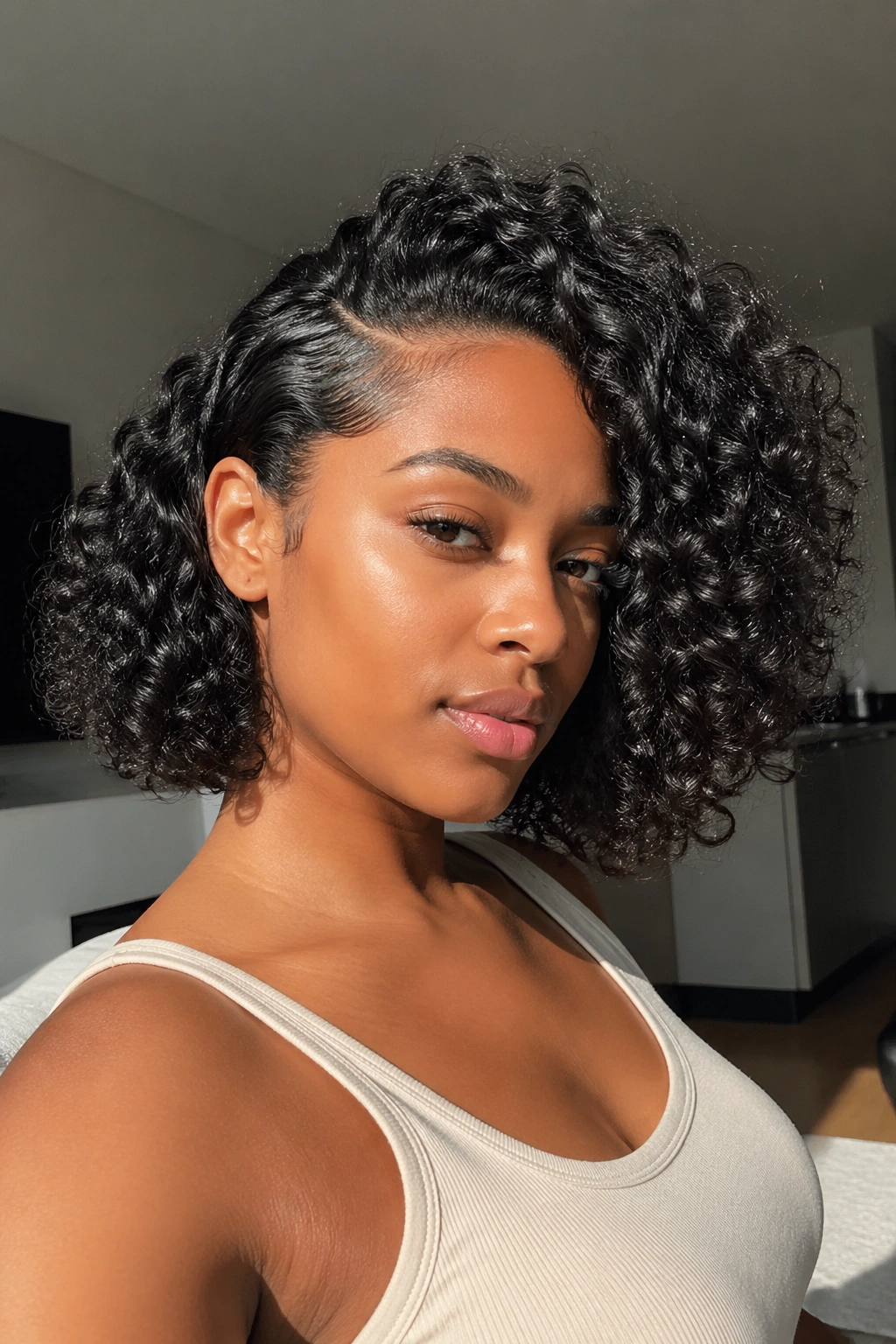 Portrait of a real woman with a side-parted curly bob in a sunlit apartment