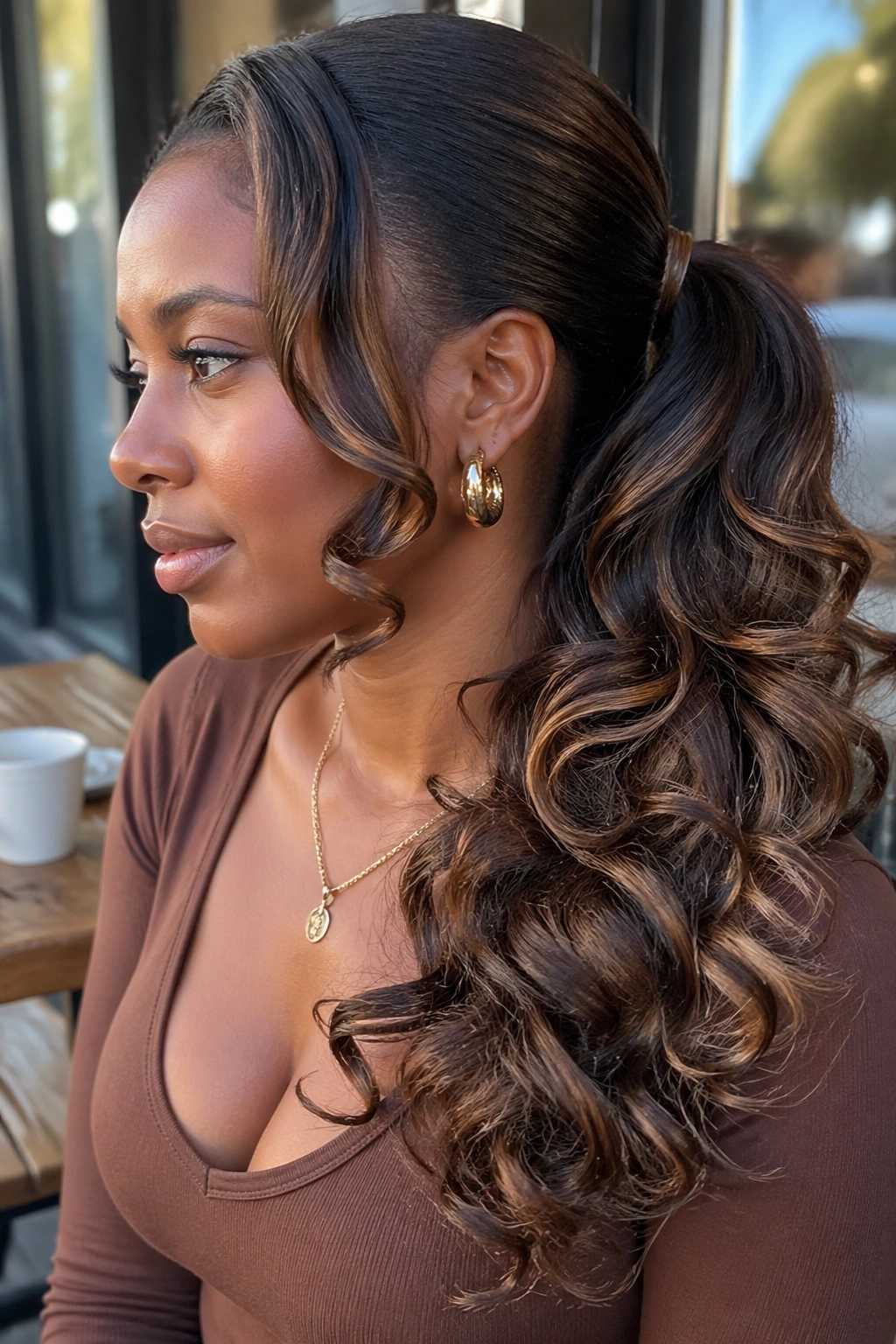 Close-up of a real Black woman with a side ponytail and layered curls over the shoulder
