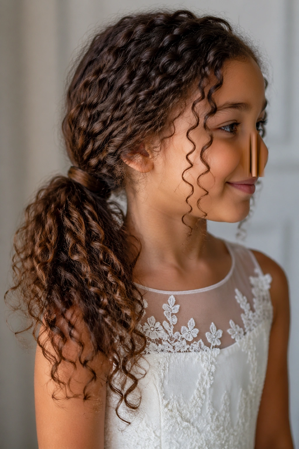 Profile view of a child with a side ponytail and tendril curls around the face