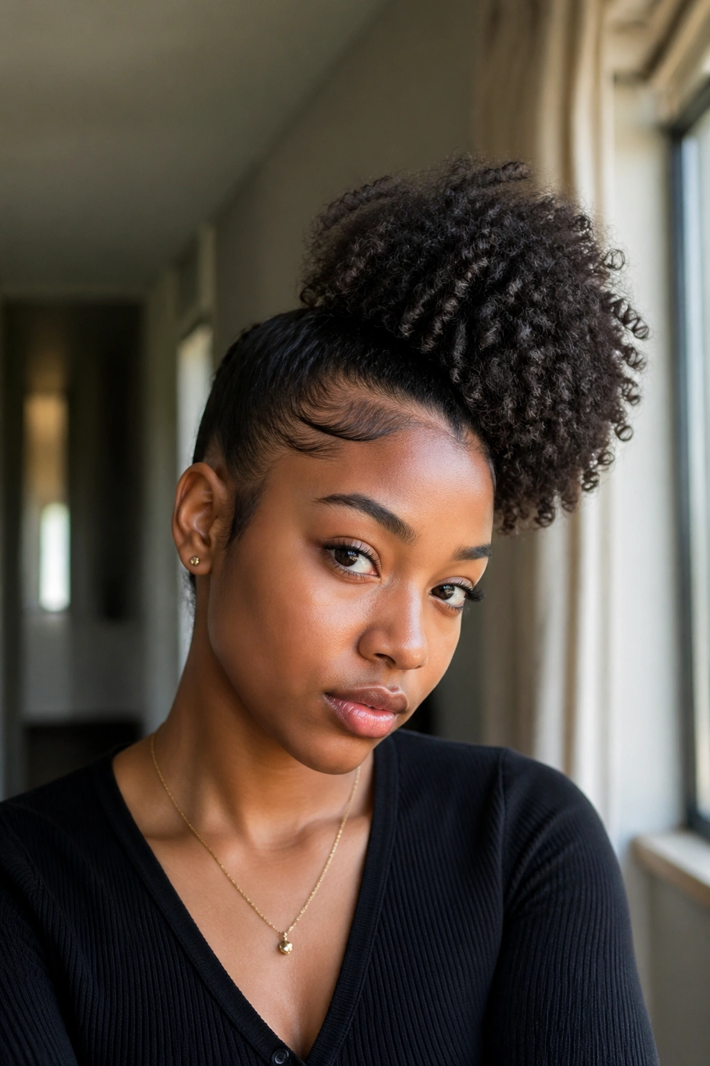 Portrait of a real woman with a side puff above the ear in warm indoor light