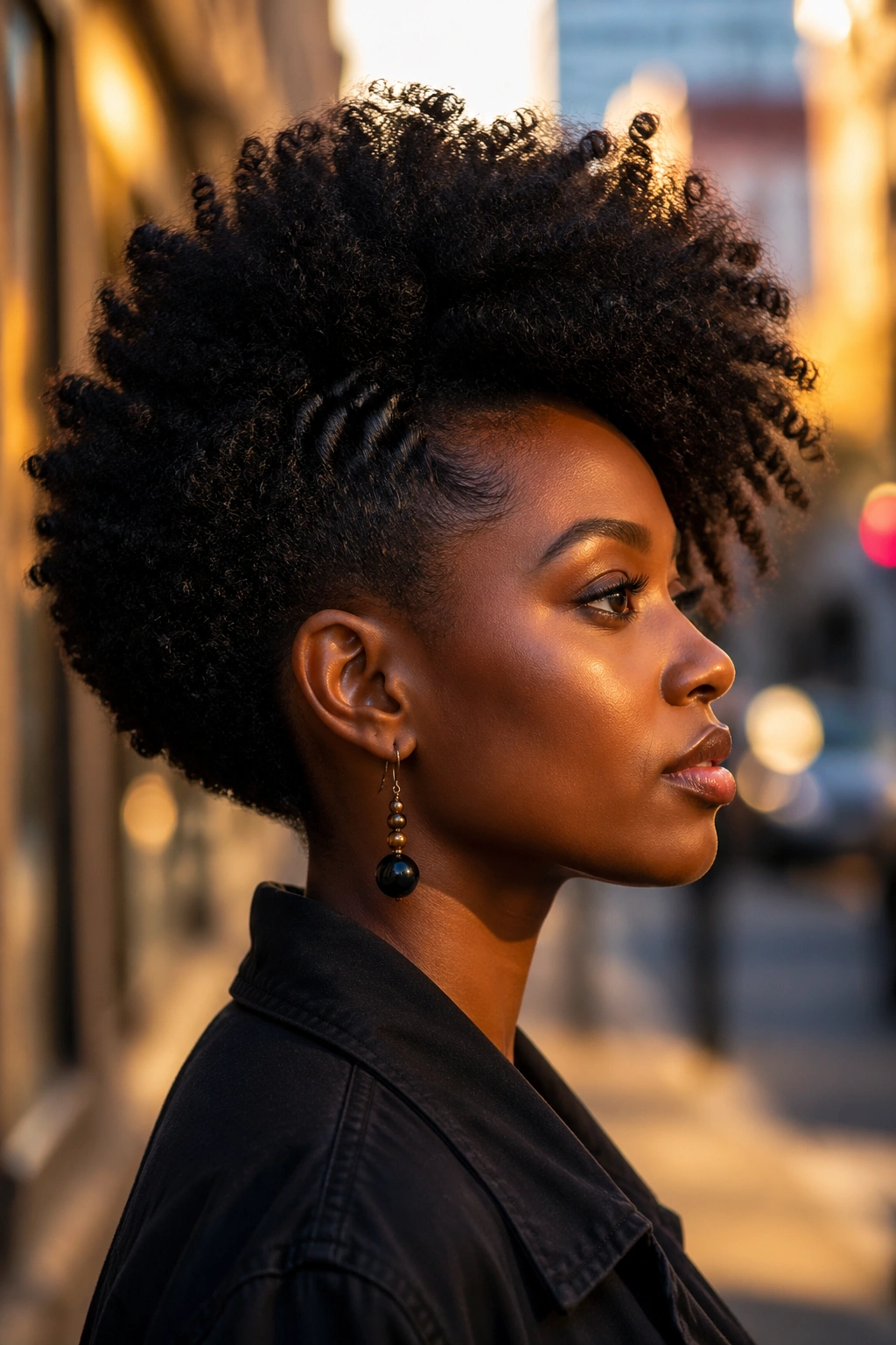 Close-up side-profile of a real person wearing a side-swept afro.