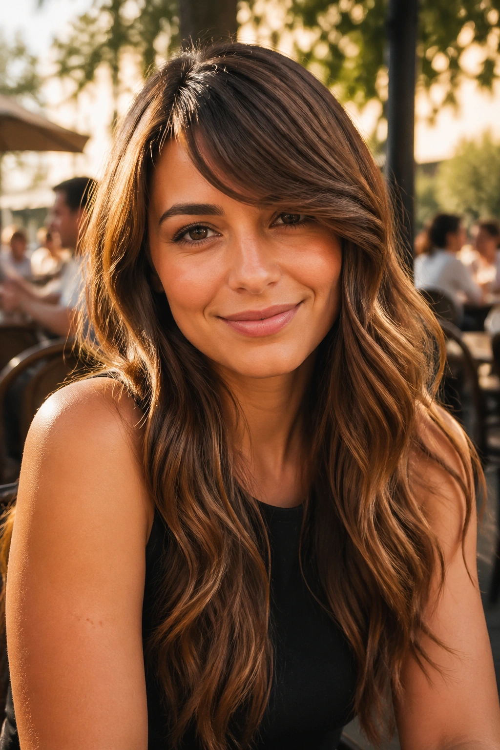 Close-up portrait of a woman with side-swept bangs and waves.