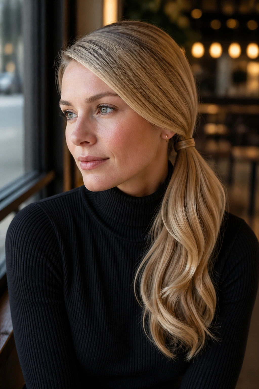 Real woman with side-swept blonde low ponytail in a cafe setting