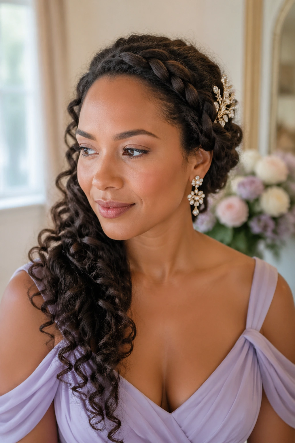 Real woman with side-swept braid and large statement clip in bridal setting.