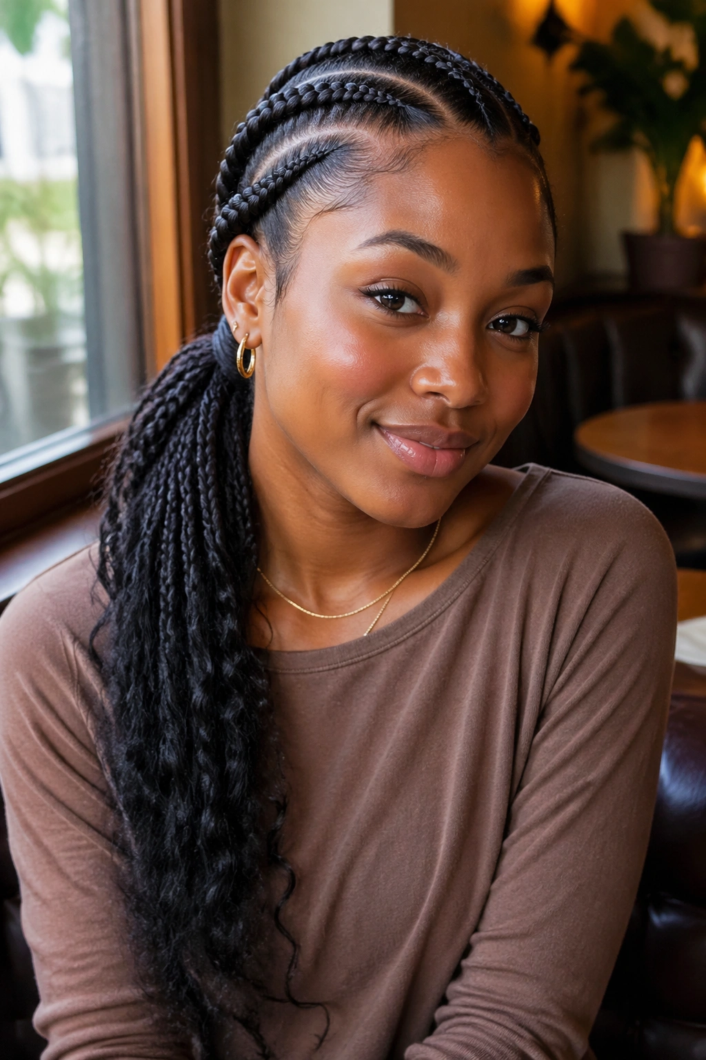 Side-swept two-braid ponytail on a real person with diagonal braids over the shoulder