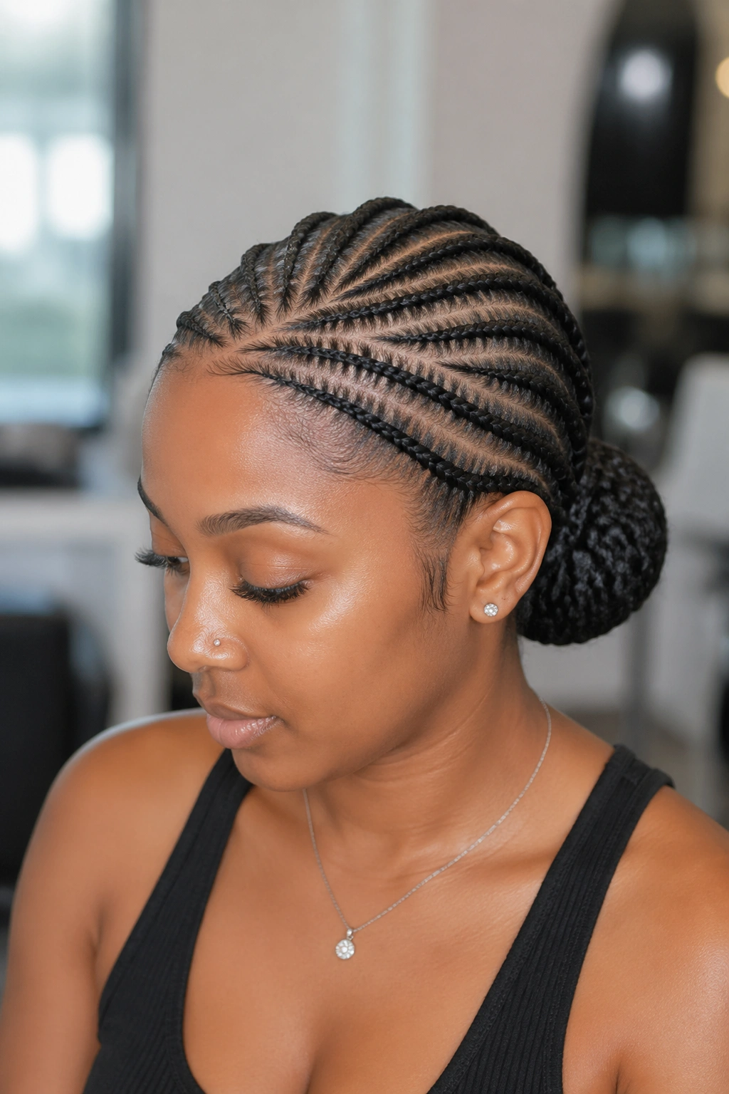 Close-up portrait of a real woman with side-swept cornrow bun and asymmetric part lines.