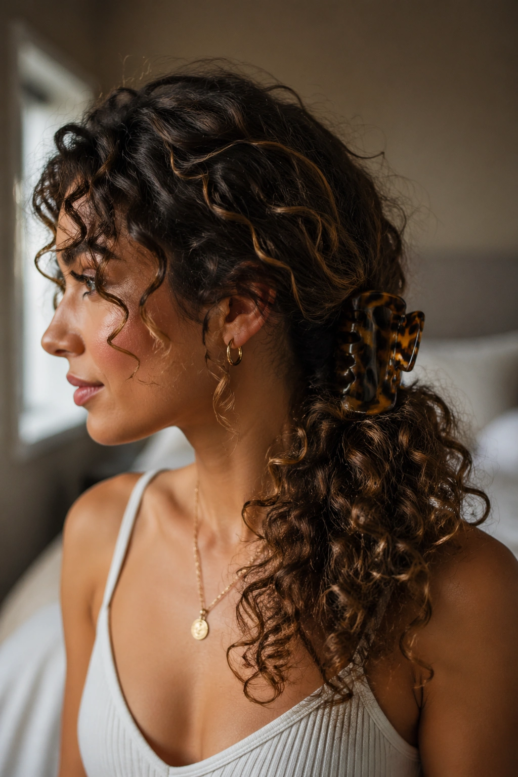 Close-up of a real woman with a side-swept claw clip ponytail